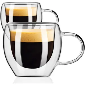 2.5 OZ Espresso Cups Set of 2, Double Walled Espresso Shot Glass with Handle, High Borosilicate Expresso Shots Cup, Espresso Accessories