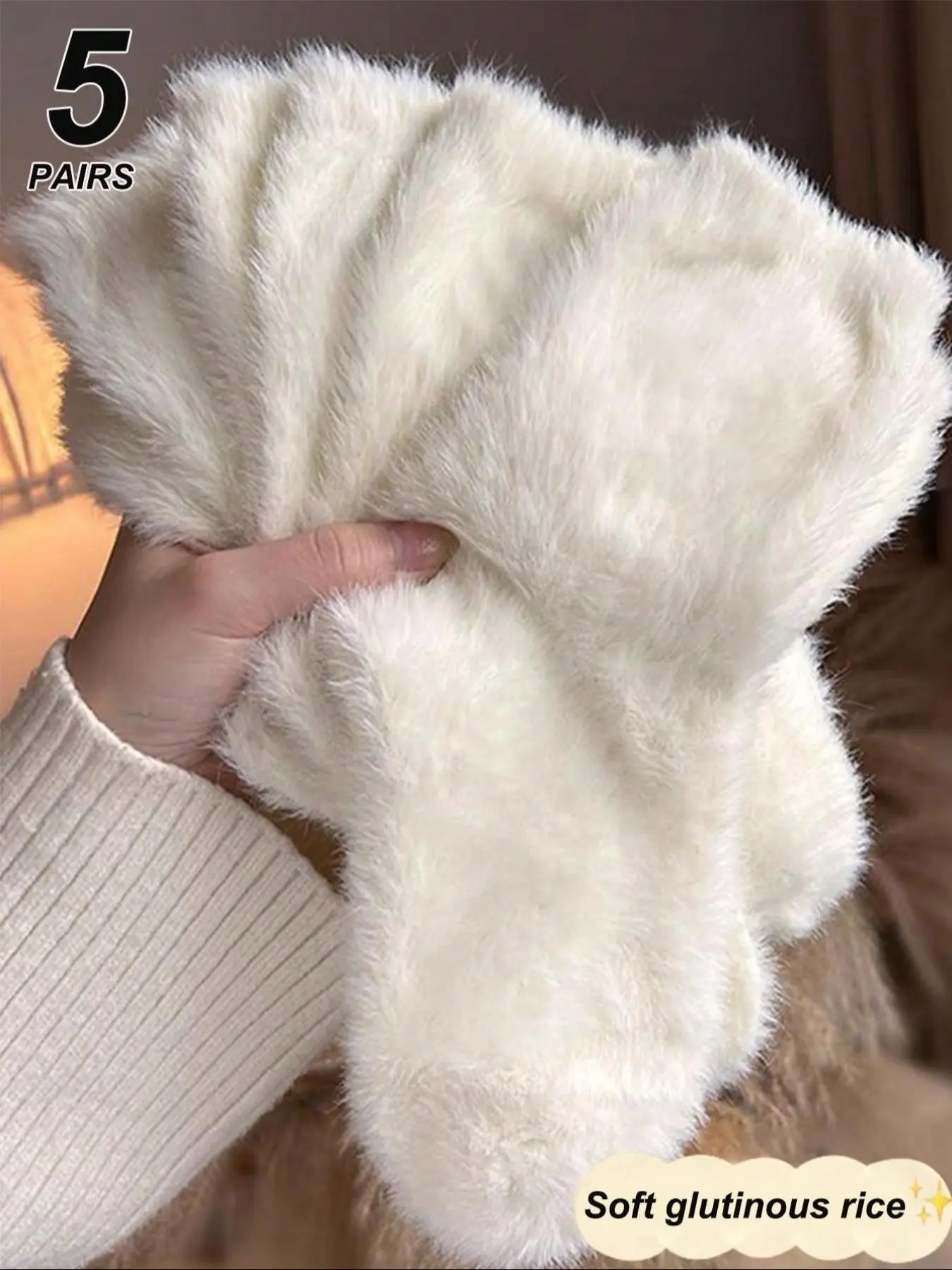 5 Pairs of Mink-Fleece Thermal Fluffy Socks Women Creamy White Solid Color with Plush Texture Thickened Lining Soft and Skin-Friendly Cozy Home Style Everyday Daily Warmth Fitted Shape Max Coziness Womenswear Soft Comfy Socks