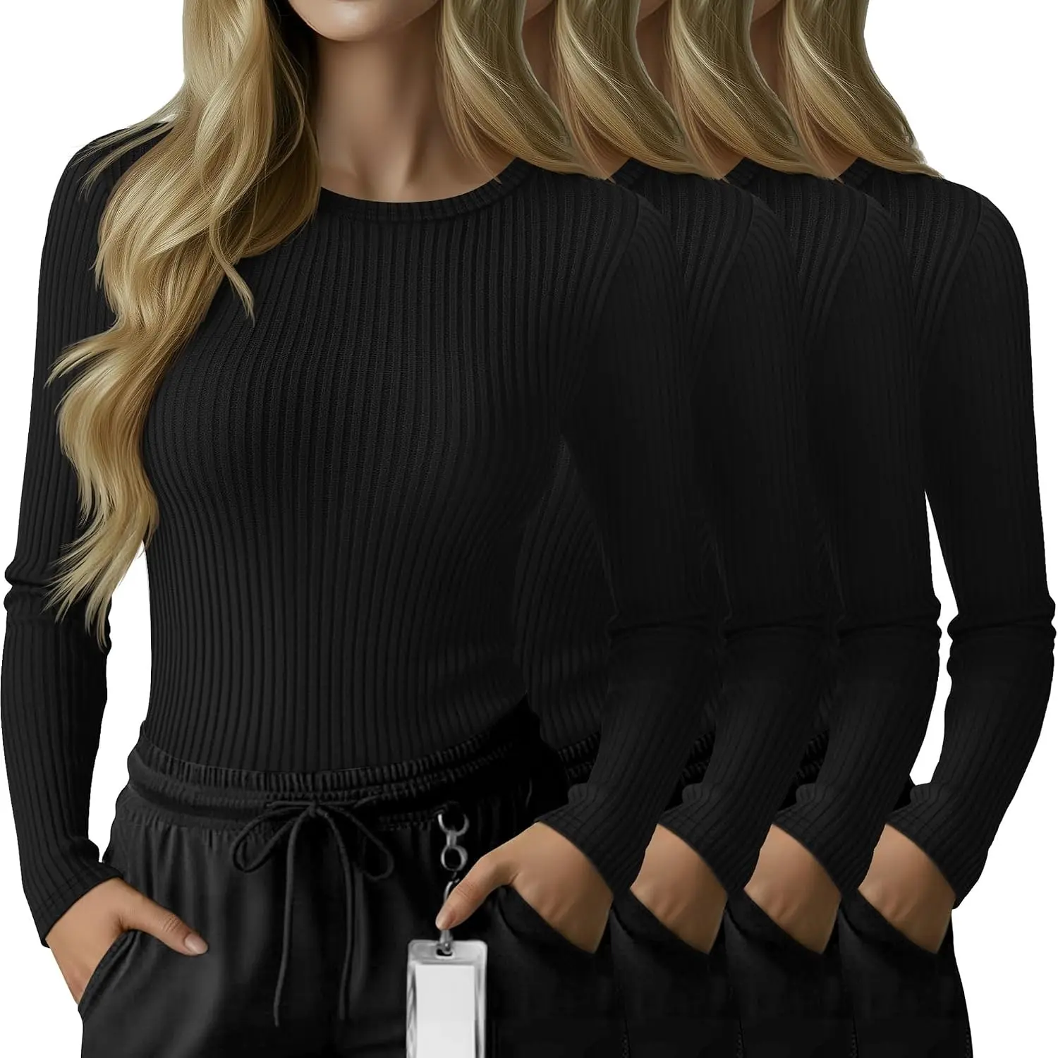 4 Pack Women's Underscrub Shirts Long Sleeve Ribbed Crewneck Tops Slim Fit Soft Cotton Undershirts for Nurse