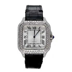 Luxury Iced Out Moissanite Watch for Men Automatic Roman Dial Black Leather Strap Fashion Watch