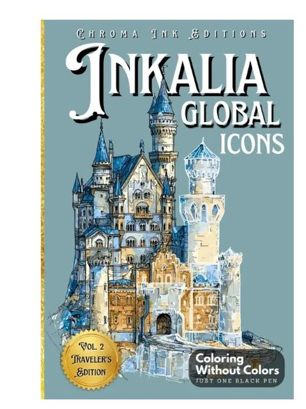 Inkalia Reverse Ink Tracing Coloring Book for Adults - 6 x 9 inches Travel-Sized, 76 Pages, Reverse Lines, 37 Unique Illustrations, 37 World-Famous Landmarks, 1 Black Pen, Screen Time Alternative for Travelers (Inkalia: Trace & Share)