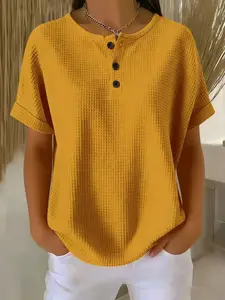 Women's Summer Waffle Knit Short Sleeve Round Neck Top, Basic Shirts, Blouse, Womenswear, Plain Batwing Sleeves, Button Front Loose Fit, Casual Everyday Wear, Lady