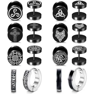 FINREZIO 8Pairs Stainless Steel Viking Earrings for Men Norse Viking Stud Earrings Fake Gauges Plug Viking Huggie Hoop Mens Earrings Wolf Runes Divination Piercing Jewelry 18G Black Daily