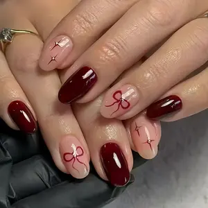 24pcs Oval Press-On Nails, Bowknot Design, Star Pattern, Autumn Winter Nail Set, Easy Wear Acrylic False Nails for Women and Girls