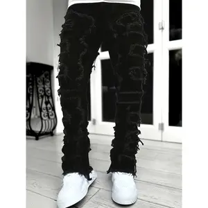 Men's Creative Tassel Straight Leg Jeans, Casual Medium Stretch, Street Style Hip Hop Barrel Jeans, For All Seasons