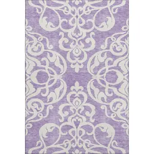 HomeRoots 676944 10x14 ft. Purple & Ivory Damask Dual-Tone Large-Scale Machine-Washable Washable Rectangle Area Rug with UV Protection, Large-Scale Area Rugs, Dual-Tone Area Rugs