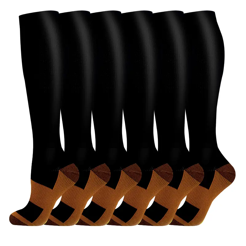MhzyCaus 6-Pack Sport Compression Socks for Women & Men, Black Brown Calf Length Socks, Lightweight Breathable Moisture-Wicking Elastic Socks, Stretch Fit for Running, Work, Travel & Daily Wear