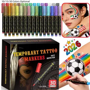 Temporary Tattoo Markers for Skin, 10/15/30-Count Body Markers 10/15/30 Colors Tattoo Pens,Flexible Brush Tip, Bright colors, Multicolor Face Paint Kit Cosmetic Quality,Halloween makeup