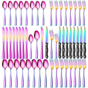 24/48- Piece Rainbow Flatware Cutlery Silverware Set Stainless Steel Colorful Utensils, Tableware Set Service for 4/8,Reusable, Mirror Polished, Dishwasher Safe Dinnerware