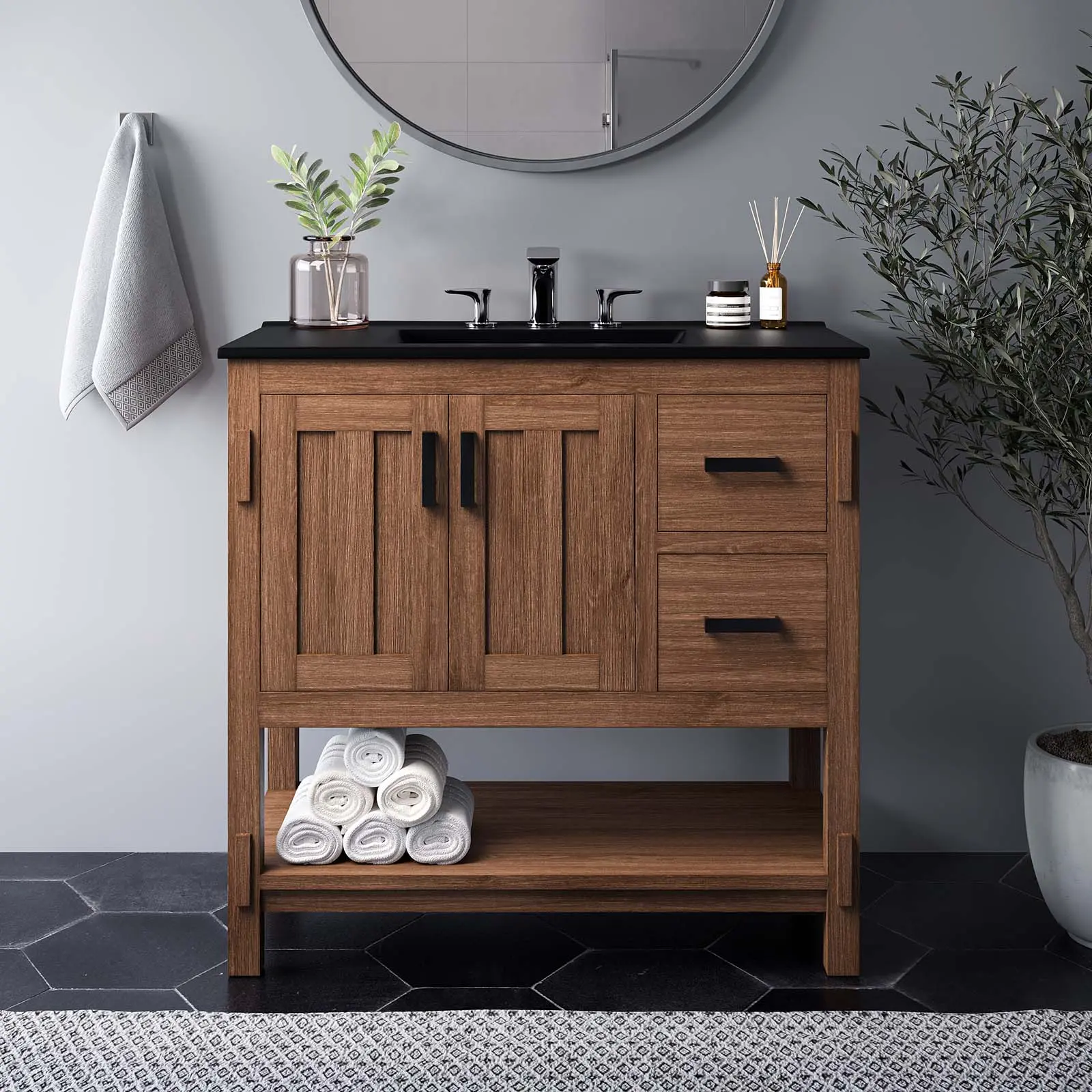 Modway Ashlyn 36” Wood Bathroom Vanity in Walnut Black