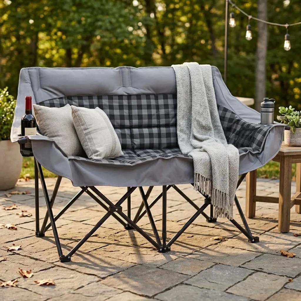 LILYPELLE Heavy-Duty Double Outdoor Camping Chair, Buffalo Plaid Padded Loveseat with Wine Holders, Folding Portable Outdoor Seating for 2 Person, Supports 800 lbs, Folding Picnic Chair, Backyard Relaxation, Foldable Beach Chair Loungers