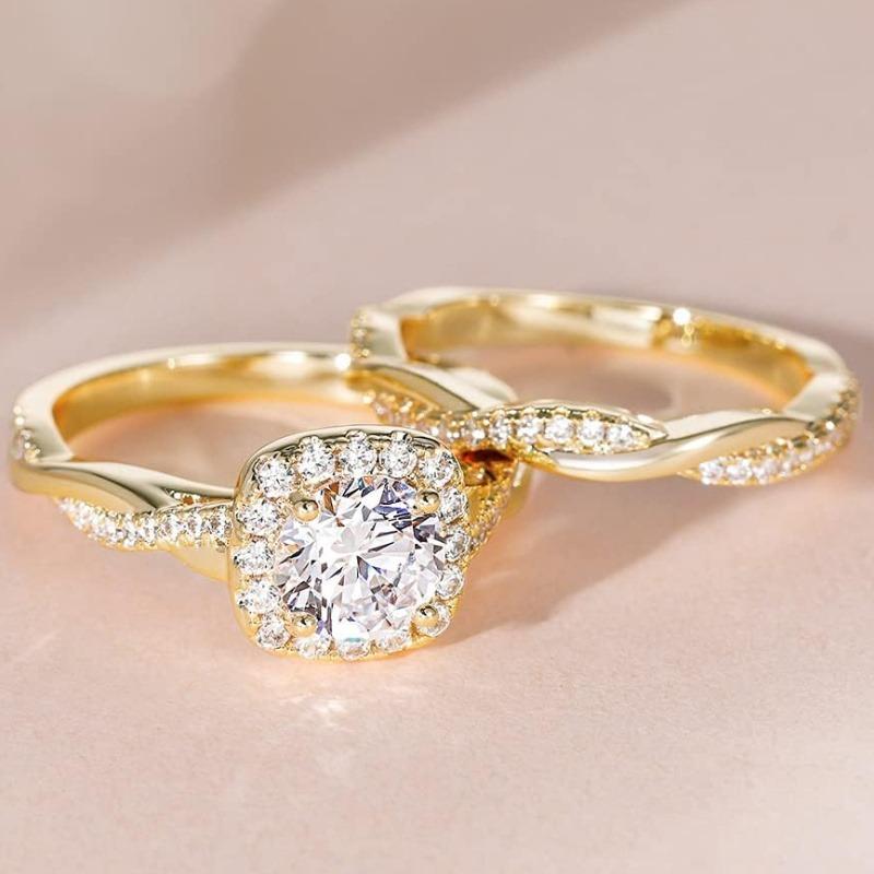 Women's 2-Piece Cubic Zirconia Bridal Ring Sets - Romantic Wedding Jewelry with Twisted Leaf Vine Design, Square Rings for Women, Bridal Sparkle Engagement Bands Wedding Classic Rings