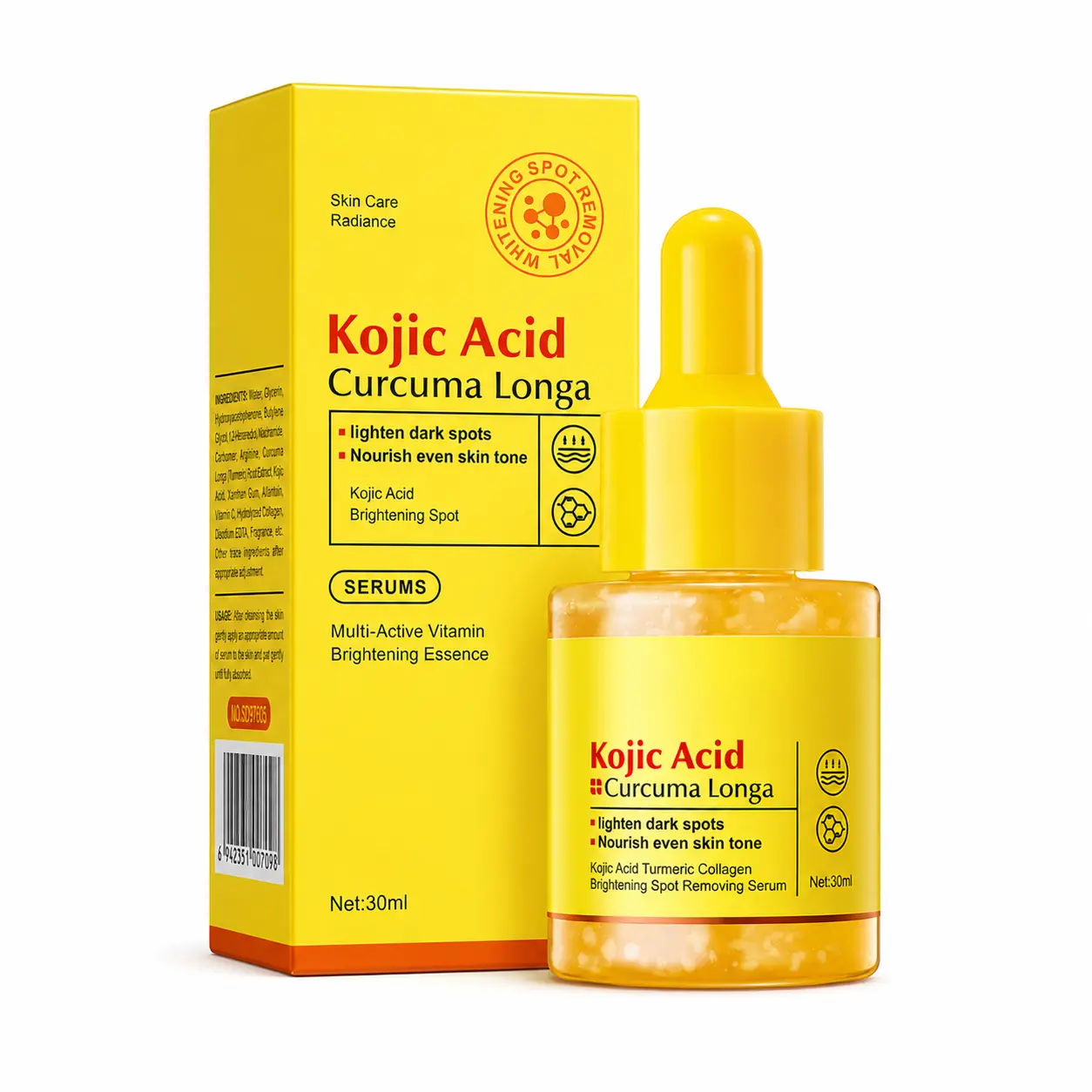 Kojic Acid & Turmeric Facial Serum, Hydrating Daily Radiance Serum with Niacinamide and Vitamin C, Lightweight Skin Care, 30 mL