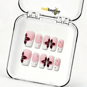 10PCS 1 Inch Short Square Acrylic Press On Nails, Pink French Tip Fake Nails with 3D Red Flower & Gold Bead Accents, Reusable Glue On Nails for Women