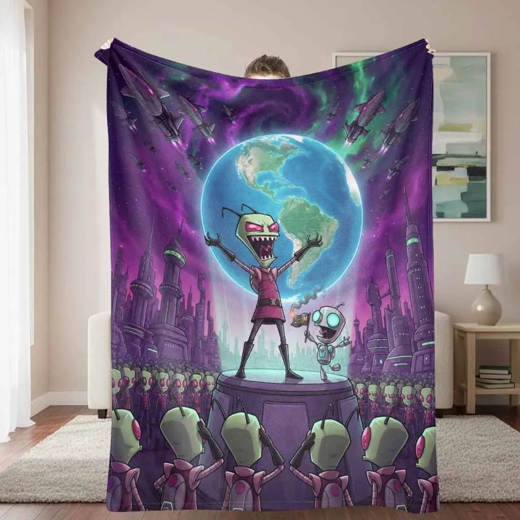 Invader Zim Planet Conquest Flannel Blanket, Sci-Fi Alien Invasion Graphic Pattern, Ultra Soft Lightweight Warm Cozy Throw for Living Room Decor, Bedroom Sofa, Gift, Home