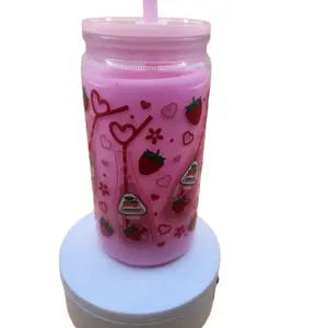 Pink Strawberries & Hearts Design Tumbler with Straw - Perfect for Smoothies & Beverages - Ideal for Daily Use