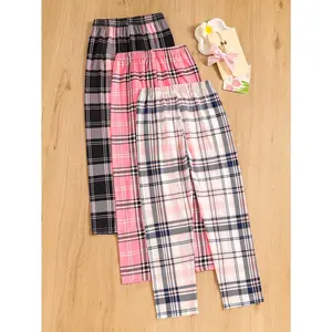 3-piece girls' pajama set with flame-retardant material|    Plaid Print, Flame Retardant Fabric, Spring and Autumn Style, Long Pants