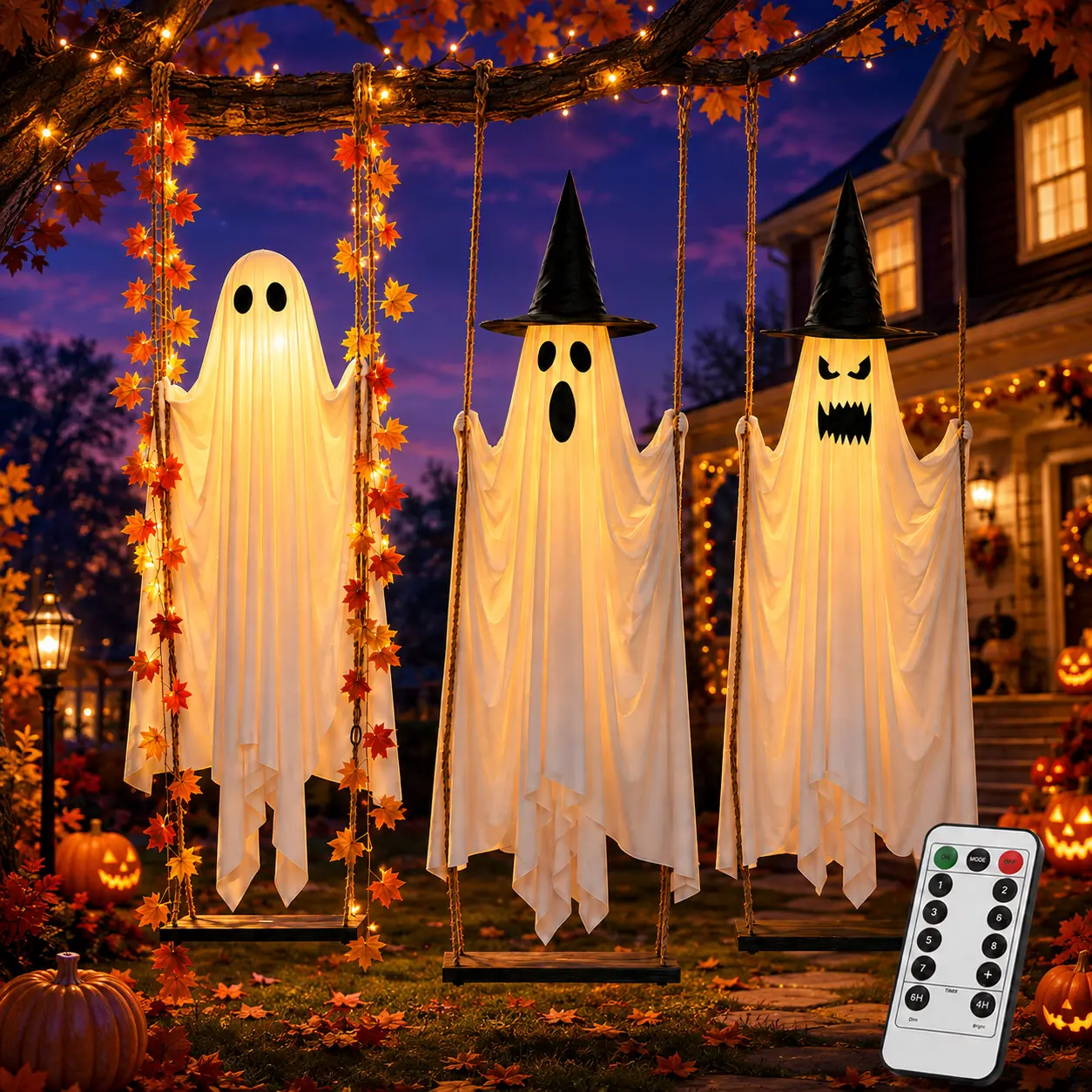 LED Light-Up Swinging Ghost Halloween Decoration with Maple Leaf Garland & Remote Control, Hanging Outdoor Decor for Yd, Porch & Party, Halloween Decorations Outdoor, Party Lighting Decoration