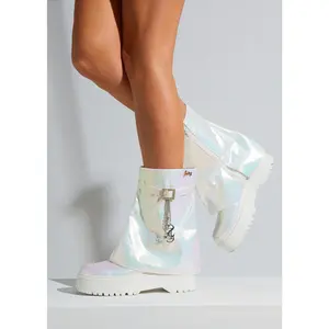 Stella Iridescent Platform Combat Boots with Charms – White