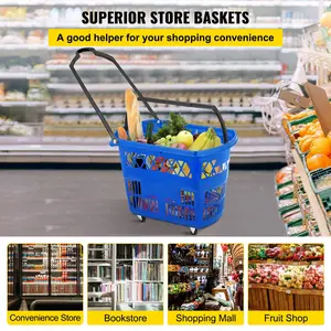 VEVOR 6PCS Shopping Carts, Blue Shopping Baskets with Handles, Plastic Rolling Shopping Basket with Wheels, Portable Shopping Basket Set for Retail Store