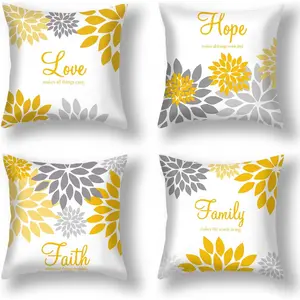 Tatuo 4 Pcs Flower Pillow Covers Square Spring Pillow Cushion Cases 18 x 18 Inch Family Faith Hope Love Words Decorative Summer Winter Cushion Case for Bed Couch Sofa Living Room(Yellow Silver Series)