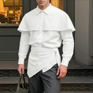 INCERUN Men's Formal Traditional Cape Shawl Overlay Shirt - Long Sleeve Formal Wear, Plain Asymmetric Tie Waist Top for Wedding, Graduation Events