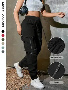 Women's Solid Pocket Drawstring Cargo Pants, Street Fashion Casual Trousers for Daily Wear, Ladies Bottoms for Spring & Fall, Baggy Pants