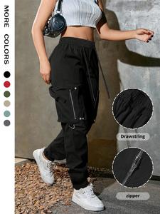women's solid pocket drawstring cargo pants, street fashion casual trousers for everyday daily wear, ladies bottoms for spring & fall, baggy pants