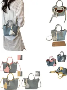 Trendy Mini Denim Bucket Bag, Lightweight PU Leather Design, Adjustable Strap, Heart Charm, Perfect for Daily Use, Available in 3 Colors