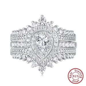 925 Sterling Silver Wedding Rings Set for Women Tear Drop CZ Double Halo Engagement Ring with Enhancer Guard Jewelry BR1939 #Love Story