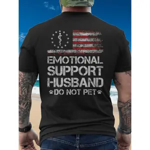 Vintage American Flag Men's T-Shirt with Emotional Support Husband Do Not Pet Back Print Patriotic Casual Gift
