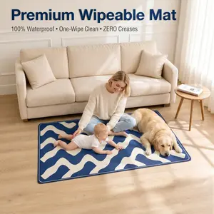 Modern Abstract Wave Area , Waterproof Navy Blue PU Leather  for Living Room Decor, 3.3x5 ft