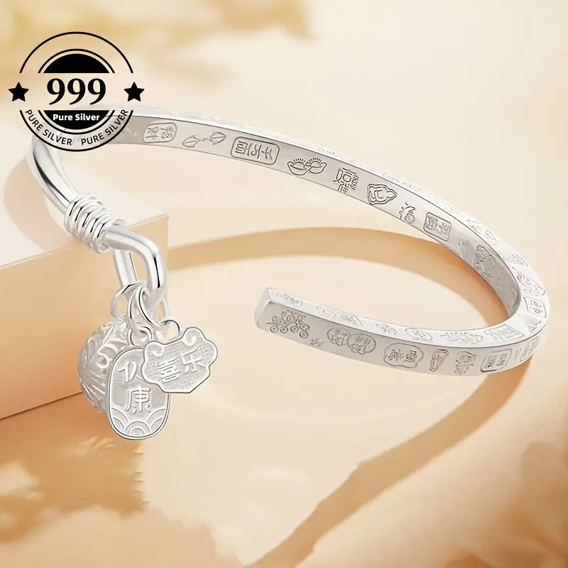Women's 999 Pure Silver Adjustable Charm Open Cuff Bracelet - Female Daily Wear, All-Season Fashion Costume Jewelry Gift