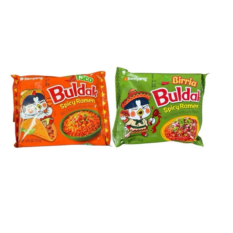 Mexican Inspired Bundle of 2 Buldak Ramen- Spicy Ramen Taco & Spicy Ramen Birria Flavor. Mexican Inspired Bundle of 2 Buldak Ramen- Spicy Ramen Taco & Spicy Ramen Birria Flavor.