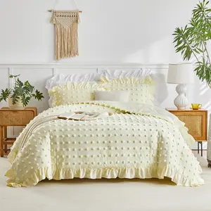 Tufted Dots Ruffle Comforter Set Full/ Size, 3 count Yellow  Farmhouse Shabby Chic Comforters, Jacquard Boho Bohemian Bedding Set for  Season (1 Ruffled Comforter+ 2 Pillow Shams)
