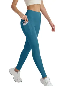 Women's Teal Blue Tight-Fit Yoga Pants with Pockets, Skinny Yoga Bottoms, Sporty High Waist Gym Workout Leggings, All-Season Stretchy Fitness Clothing