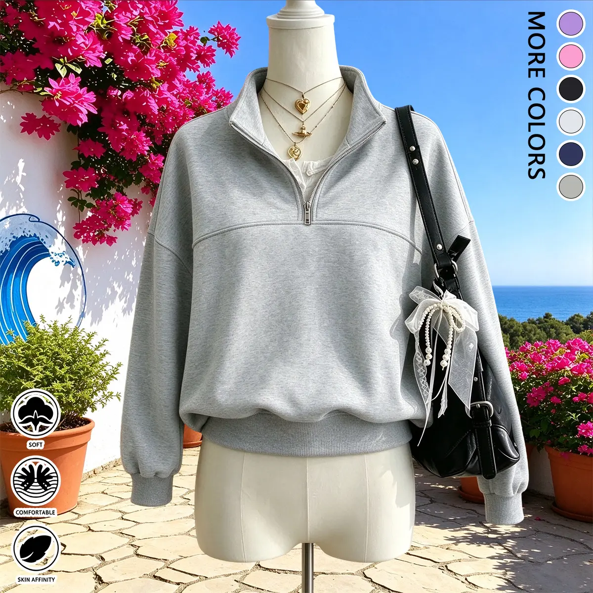 Retro solid-color long-sleeve sweatshirt with a half zip placket, women’s loose drop-shoulder pullover sweatshirt, casual versatile sweatshirt, women’s tops, women’s sweatshirts, womenswear