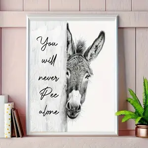 Donkey Funny Poster - Unframed Canvas Wall Decoration, "You'll Never Pee Alone" Text, Home Kitchen Bathroom Decor, Farm Animal Theme Art Ornaments Artistic Print