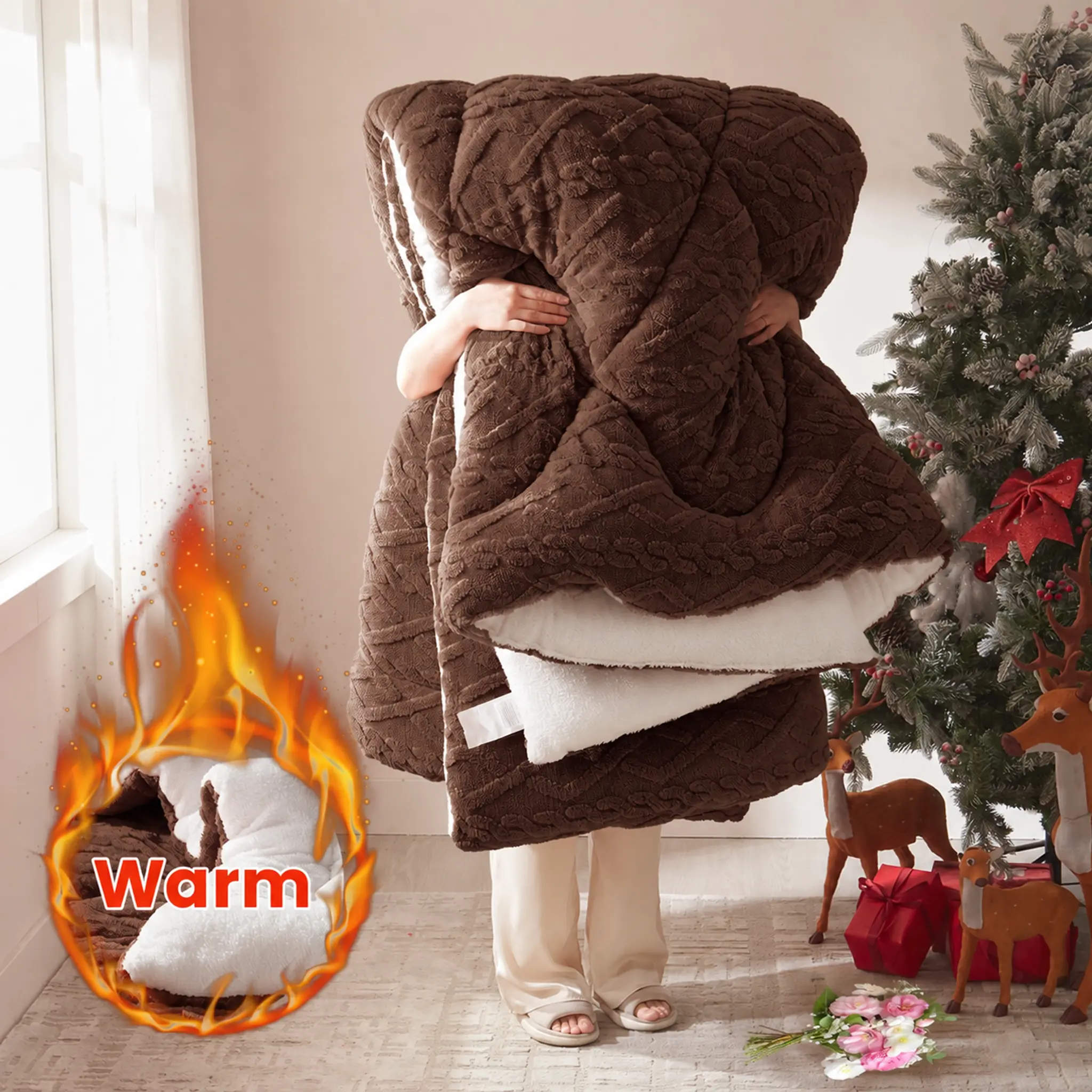 Cosybay Christmas Shaggy Comforter Set, 2/3pcs Festive Plush Comforter Bedding with 1/2 Pillowcases, Warm Holiday Fuzzy Long Hair Quilt for Winter Christmas Decor, Double-Side Design,Soft, Breathable, Machine Washable,Twin Full Queen King Sizes