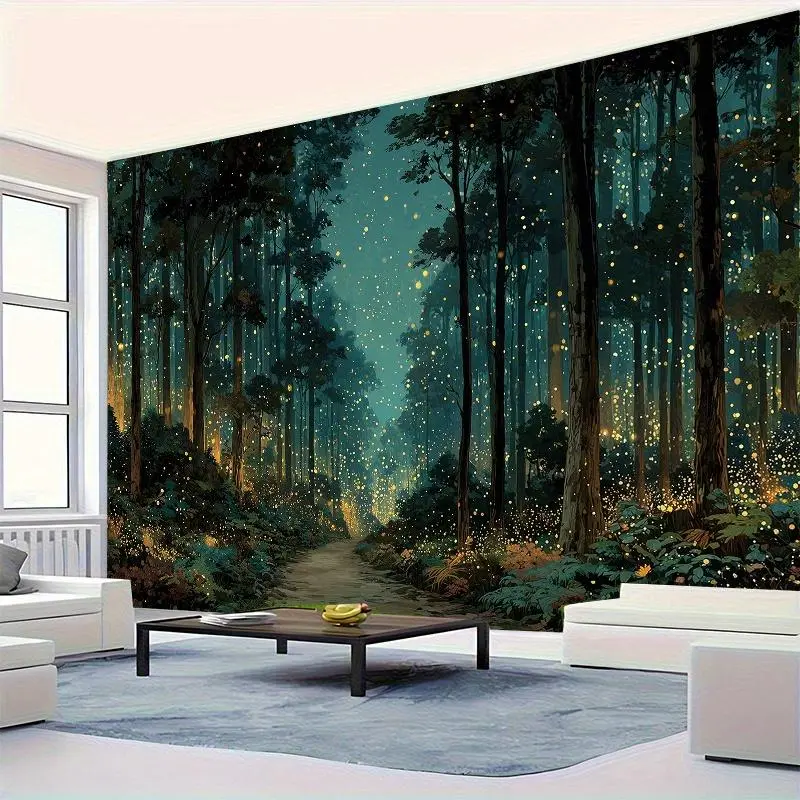 1pc Magic Forest Tapestry - Glowing Fireflies and Enchanting Forest Path, No Electricity Needed, Dark Green and Golden Night Forest Decor, Suitable for Living Room, Bedroom, Party Background - Includes Easy-Hang Adhesive Strips - Perfect Gift Hanging