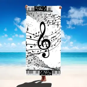 A Quick-Dry, Personalized Beach Towel with a Music Theme - Windproof, Ultra-Absorbent Microfiber, Bohemian Style, Perfect for Sports, Travel, Swimming, And Yoga - Featuring a Cute Black And White Musical Note Design