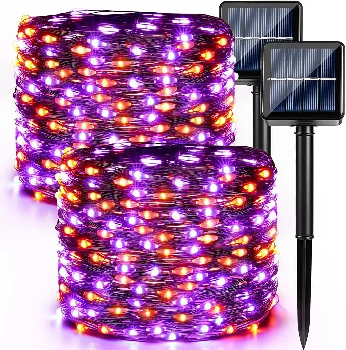 Brizled Halloween Lights, 2 Pack Total 78FT 240 LED Solar Halloween Fairy Lights, 8 Modes Outdoor Orange Fairy Light, Purple Twinkle Light String Black Wire Outside Spooky Decorations, Orange & Purple, Purple
