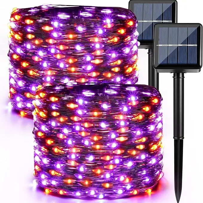 Brizled Halloween Lights, 2 Pack Total 78FT 240 LED Solar Halloween Fairy Lights, 8 Modes Outdoor Orange Fairy Light, Purple Twinkle Light String Black Wire Outside Spooky Decorations, Orange & Purple, Purple,home decor