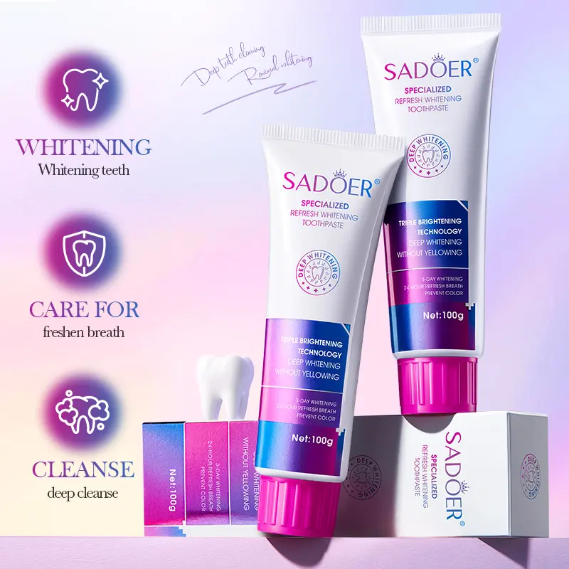 Whitening Toothpaste for Yellow Teeth, Stain Removal Toothpaste, Fresh Breath Deep Cleaning Oral Care, SADOER 100g