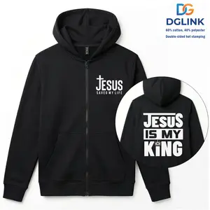 DGLink Men's Zipper Hoodie - Classic Style, Double-Layer Knit, Long Sleeves, Dropped Shoulder Design, Fashionable Retro, Streetwear Style, Comfortable Cotton Blend, Casual Sportswear, Faith Symbol Top, Men's Sweatshirt  Pullover Style, Streetwear Menswear