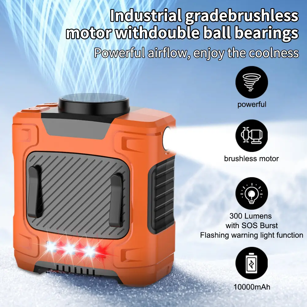 Portable 10000mAh fan, 3-in-1 outdoor fan, LED light, warning light, 3-speed cooling fan, rechargeable camping fan, suitable for outdoor work, distanc