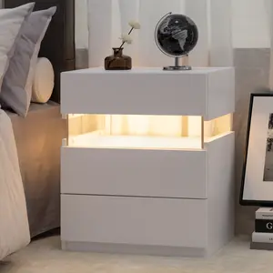 LED Nightstands 3 Drawer Dresser for Bedroom End Table with Acrylic Board LED Bedside Tables for Bedroom Living Room Bedside Furniture White Easy Assembly Multi-colour RGB LED Light Necessities