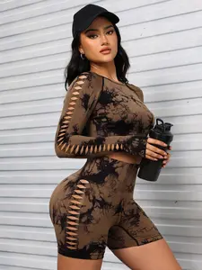 Women's Tie Dye Print Sports Set, Yoga Tracksuit Set, Casual Breathable Long Sleeve Crop Top & Skinny Pants Set for Daily Wear, Ladies Sportswear for All Seasons, Workout Sets Women