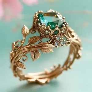 Ancient Style Green Gemstone Ring, Energy Healing Ornament, Faux Crystal Totem Ring