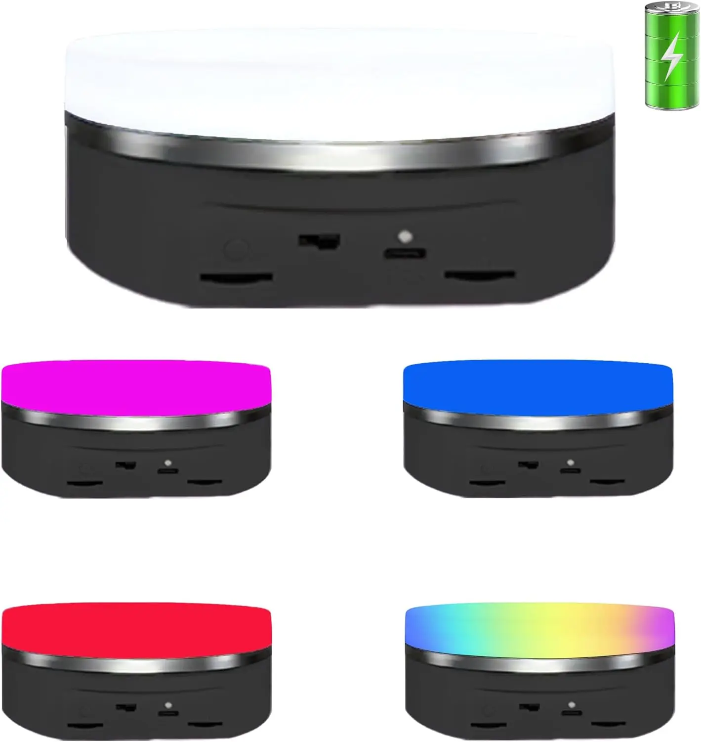 Rechargeable 360-Degree Rotating LED Display Stand for Photographers, 6.3in Full Panel Colorful LED Lighting, 11 lbs ABS Load Capacity, Black Camera Accessory Turntable for Daily Glass Crystal Jewellery Photography Use, Rotating Stand